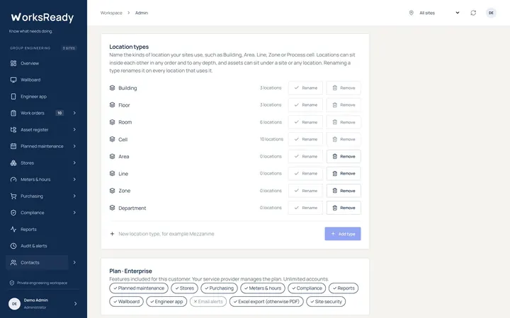 Location types screen from the WorksReady demo workspace
