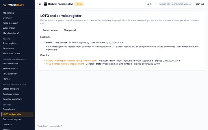 LOTO and permits screen from the WorksReady demo workspace